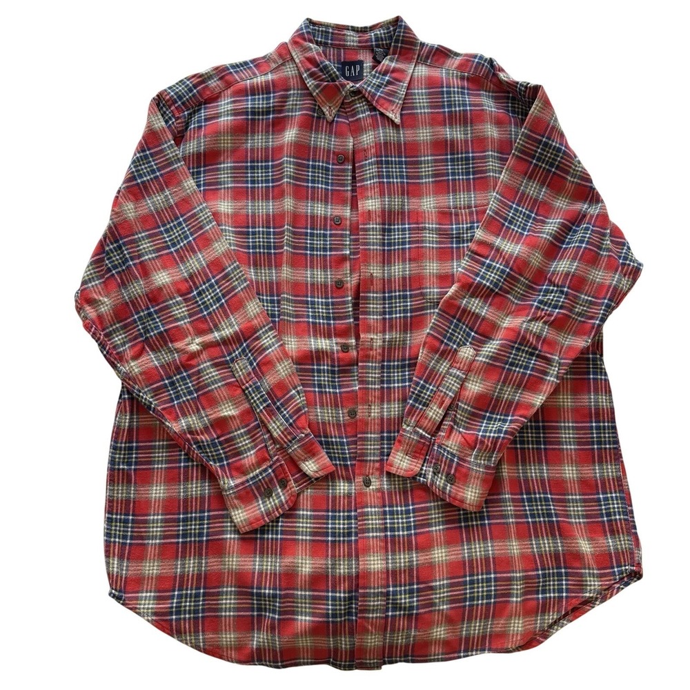 Vintage 90s Gap Flannel Shirt Red‎ Plaid Grunge Button Down Cotton Mens 2XL Plus